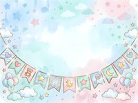 Pastel watercolor background with decorative bunting banner, clouds, balloons, and stars. Soft pink, blue, and mint tones create a gentle, whimsical atmosphere suitable for baby shower, nursery, or children's event designs and invitations.