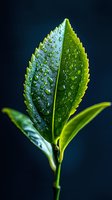Fresh green leaf with water drops on dark background, macro photography showing detailed texture and natural moisture on serrated foliage surface.