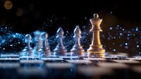 Chess pieces on dark background with magical blue glowing particles and bokeh effects creating dramatic atmosphere for strategy and leadership concepts.