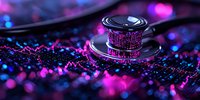 Medical stethoscope on digital chart with glowing pink and blue bokeh lights, representing healthcare technology and medical data monitoring.