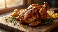 Golden roasted whole chicken with herbs on wooden cutting board in warm kitchen lighting for holiday dinner preparation and cooking content.
