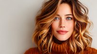 Young woman with wavy caramel balayage hair wearing brown turtleneck sweater smiling at camera against light wall background. Natural makeup and glowing skin.