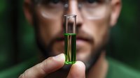 Scientist holding glass vial with green liquid sample against blurred natural background. Research and laboratory testing concept for biotechnology and science.