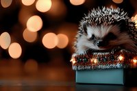 Adorable hedgehog sitting in festive gift box with warm bokeh lights creating magical holiday atmosphere for seasonal greeting cards and decorations.