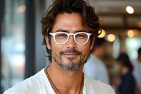 Confident mature Hispanic businessman wearing stylish white glasses and casual linen shirt smiles warmly in modern office environment with soft bokeh lighting.