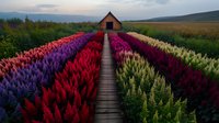 Wooden walkway through vibrant multicolored celosia flower fields leads to small cottage at sunset, creating dramatic perspective with rows of red, purple, and white blooms.