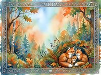 Autumn forest scene with sleeping fox family in decorative frame, watercolor style illustration for seasonal designs and nature-themed projects.