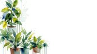 Watercolor houseplants in terracotta pots with green foliage creating botanical corner arrangement on white background for home decor and gardening designs.