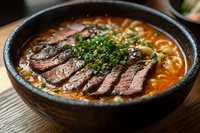 Sliced medium-rare beef on spicy Asian noodle soup garnished with fresh chopped green onions in black ceramic bowl, close up view of traditional ramen.