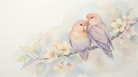 Two adorable lovebirds perched on blooming branch with delicate flowers in soft watercolor style for romantic greeting cards and spring decor.