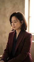 Professional Asian businesswoman in burgundy blazer sitting thoughtfully by window in modern office interior for corporate and business concepts.