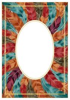 Colorful feather frame with isolated oval center on white background, ready for custom photo insertion, greeting cards, invitations, posters, and design projects.