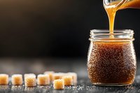 Golden honey dripping into glass jar with honeycomb pieces on wooden surface against dark background for natural sweetness and organic food concepts.