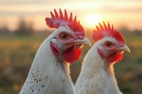 Two white chickens with red combs standing in farmyard during golden hour sunset. Farm poultry birds in rural agricultural setting with warm lighting.
