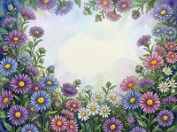 Colorful aster flowers frame border with purple pink blue blooms and green leaves on light background for spring summer greeting cards invitations.