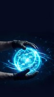 Hands holding glowing blue digital globe with network connections and data streams on dark background, representing global technology, innovation, and digital transformation.
