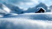 Minimalist winter landscape with small cabin silhouette on snowy hill against blurred mountain backdrop, featuring soft focus snow crystals in foreground.