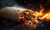 Mexican burrito filled with beef, vegetables and corn spilling ingredients on dark background with dramatic fire and smoke effects, food photography.