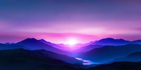 Majestic mountain landscape at sunrise with layered purple and blue peaks silhouetted against dramatic pink sky, reflecting in calm lake waters below.