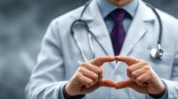 Professional male doctor in white coat with stethoscope making protective heart gesture with hands, symbolizing healthcare and medical care concept.
