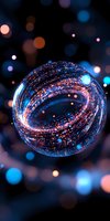Magical glowing sphere with swirling light trails and sparkles on dark background with blue and orange bokeh effects creates mystical atmosphere.