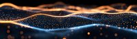 Abstract glowing waves with orange and blue light trails flowing through sparkling particles against dark background, creating dynamic motion effect for technology designs.