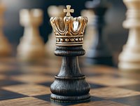 Black wooden chess king piece with golden crown on chessboard, macro close-up view showing detailed craftsmanship and rich texture against blurred background.