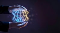 Businessman hands protecting glowing digital globe with network connections on dark background representing global business technology and data security.