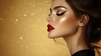 Young Asian woman with red lips and glamorous makeup in profile against golden bokeh background, dramatic fashion portrait highlighting professional cosmetics application.