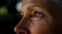 Close up portrait of mature Caucasian woman with expressive blue eyes and natural wrinkles in dramatic lighting, showing wisdom and life experience. Soft focus on eye area.