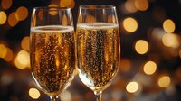 Two sparkling champagne flutes filled with golden bubbles against blurred warm bokeh lights creating romantic celebratory atmosphere for special occasions and festivities.