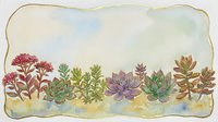 Watercolor succulent garden border with colorful plants and gold frame on textured background for botanical design projects and natural decor.