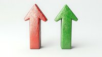 Red and green upward pointing arrows standing side by side on white background, symbolizing growth, comparison, and business progress. Isolated objects for design use.