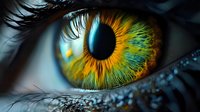 Extreme macro photography of human iris showing intricate details in amber and turquoise colors, with long eyelashes and reflective surface creating dramatic effect.
