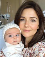 Young mother with dark hair holding infant in white knit bonnet at hospital, close-up portrait showing tender maternal bond and gentle smiles against medical setting background.
