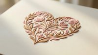 Elegant heart shape made of delicate feather patterns in warm rose gold tones on white paper, romantic decorative design for wedding invitations and love themes.