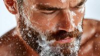 Bearded man with water drops splashing on face and closed eyes against white background, showing freshness and skincare concept in masculine portrait.