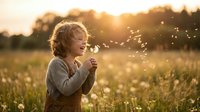 Young child with blonde curly hair blowing dandelion seeds in sunny meadow at golden hour, capturing carefree childhood moments outdoors.