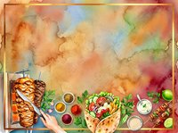 Watercolor food frame with grilled meat, fresh vegetables and spices on textured background. Culinary border design for restaurant menus and cooking projects.