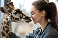 Young woman with long brown hair and light skin tone, wearing a blue shirt, gently touching noses with a giraffe in a wildlife or zoo setting. Suitable for animal care, veterinary, conservation, and educational content.