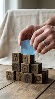 Senior businessman hands placing protective shield cube on wooden blocks with security icons representing cybersecurity and data protection strategy.