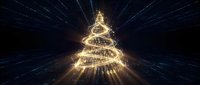 Golden light trails forming Christmas tree shape with radiating beams on dark background for holiday designs and festive decorations.