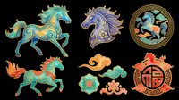 Ornate decorative horses and Asian design elements isolated on transparent background, ready for t-shirt design, clipart, stickers, sublimation and print-on-demand projects.