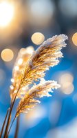 Frost-covered golden reed grass against blue winter sky with magical bokeh lights creating dreamy seasonal atmosphere. Perfect for holiday designs.