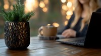 Cozy workspace with pine branches in textured vase, laptop and coffee cup on wooden table against blurred warm bokeh lights background. Atmospheric home office setting.