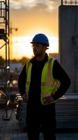 Construction worker in safety vest and hard hat standing at industrial site during golden hour sunset with building structures in background.
