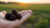 Fresh blackberries in open palm during golden hour sunset over agricultural field, organic farming harvest concept for healthy eating and natural food.