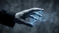 Business hand reaching toward glowing blue digital network connections with light particles against dark background for technology concepts.