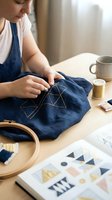 Young woman embroidering geometric pattern on blue fabric at wooden table with coffee cup and design sketches for handmade crafts and DIY projects.