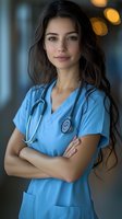 Young female medical professional in blue scrubs with stethoscope standing confidently with arms crossed. Soft bokeh background creates warm healthcare atmosphere.